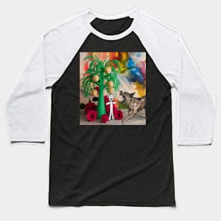 Watercolor painting of dog barking at stick figure Baseball T-Shirt